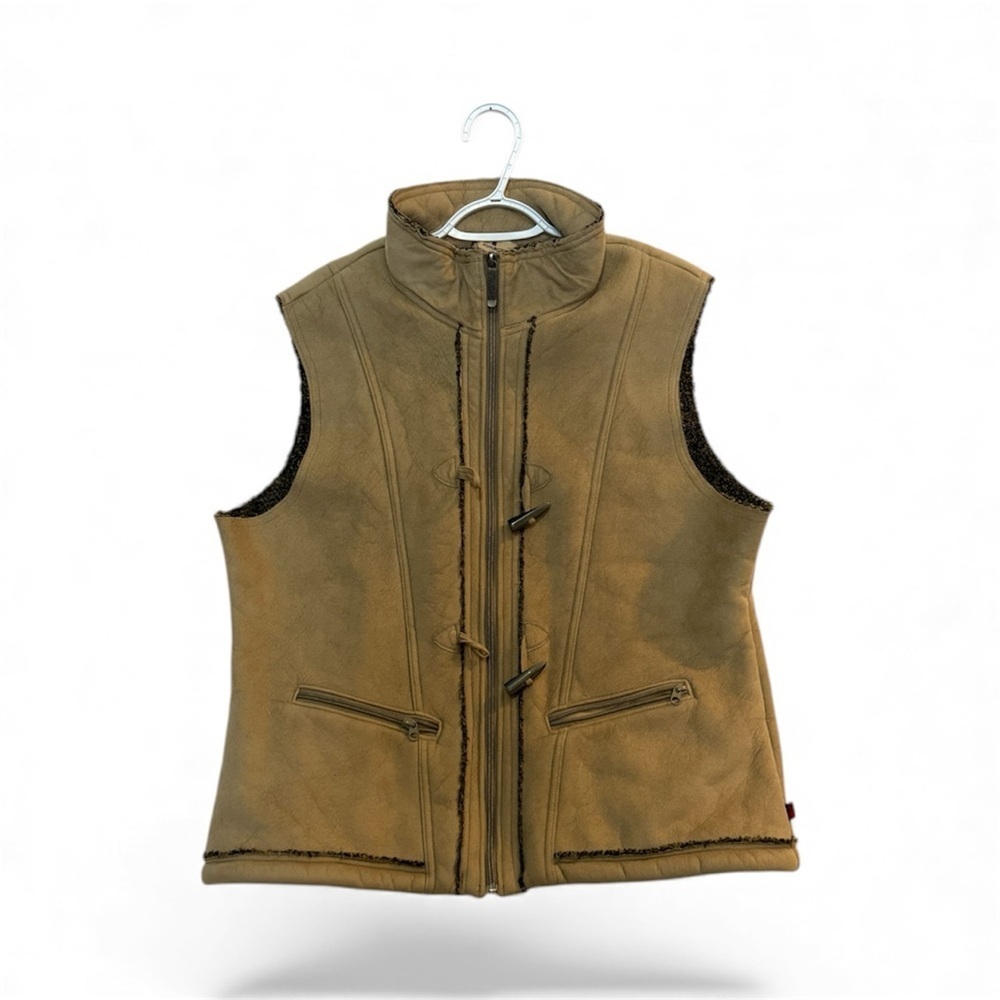 WOOLRICH Women's Faux Suede Vest KHAKI Lined Full Zip Up - Picture 1 of 6